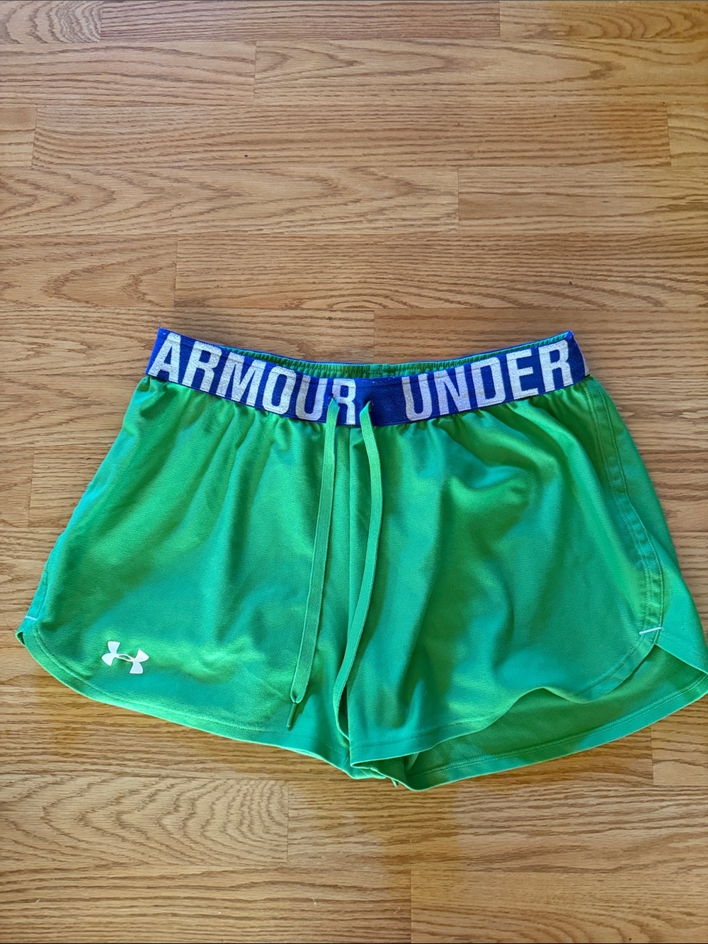 Under Armour Bright Green Women's Athletic Shorts with Blue Branded Waistband